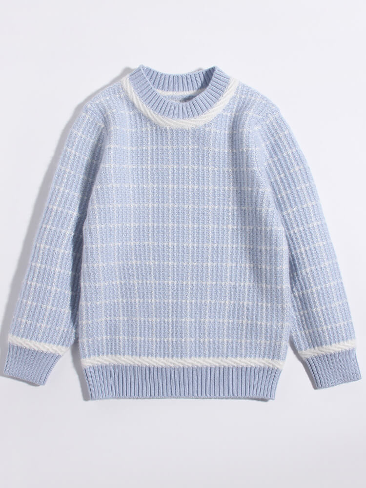 Kids Checkered Texture Cashmere Crewneck Pullover Sweater